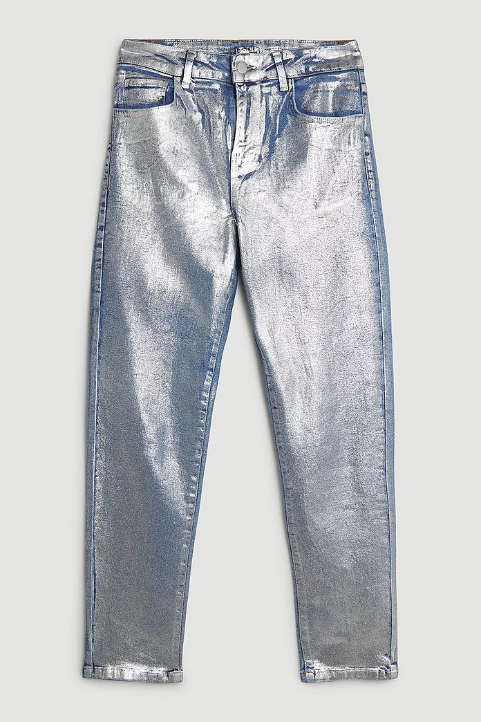 High Rise Slim Leg Silver Foiled Jeans | Karen Millen High Rise Slim Leg Silver Foiled Jeans | Karen Millen